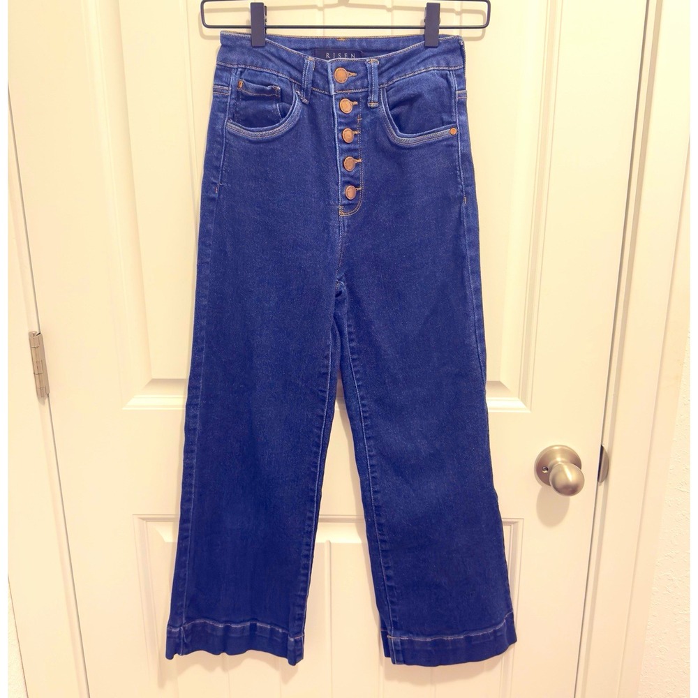 RISEN Women's Dark Wash Blue Denim High Rise Wide Leg Jeans Stretch 5-Pocket